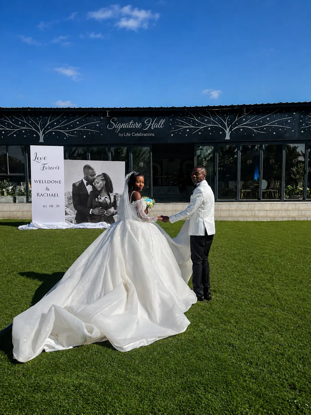 Newlyweds outside the Signature Hall at Life Celebrations